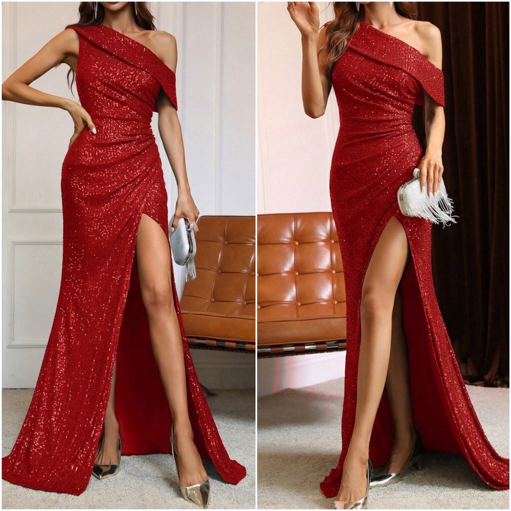 Luxe Dusty Pink One Shoulder slit thigh party formal Evening sequins dress - Picture 4 of 8